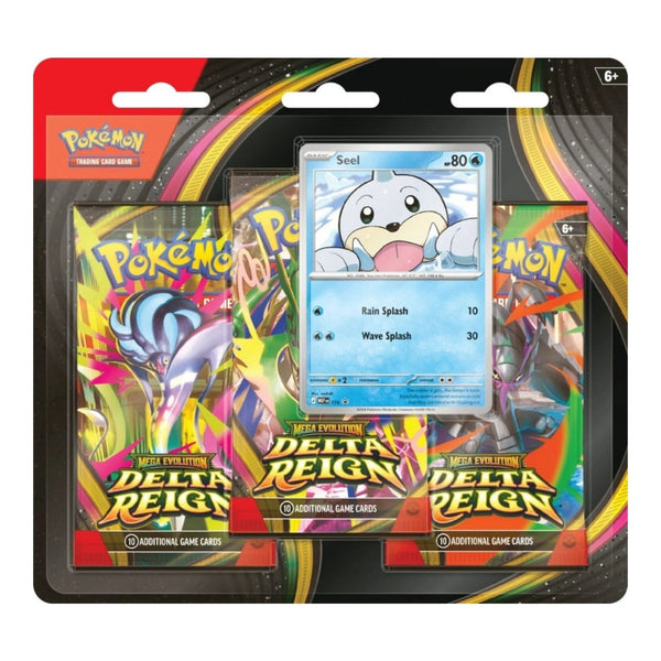 Mega evolution delta reign 3 pack blister met drie boosterpacks en seel promokaart