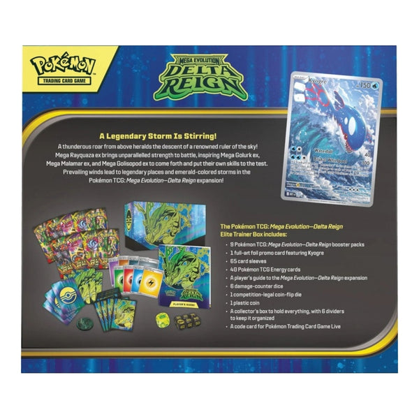 Mega evolution delta reign elite trainer box, achterkant met inhoudsoverzicht en kyogre promokaart