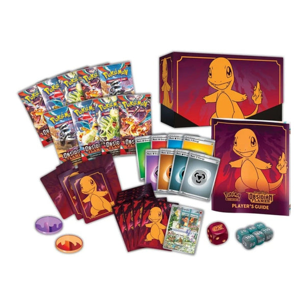 Obsidian flames elite trainer box inhoud met boosterpacks, sleeves en accessoires